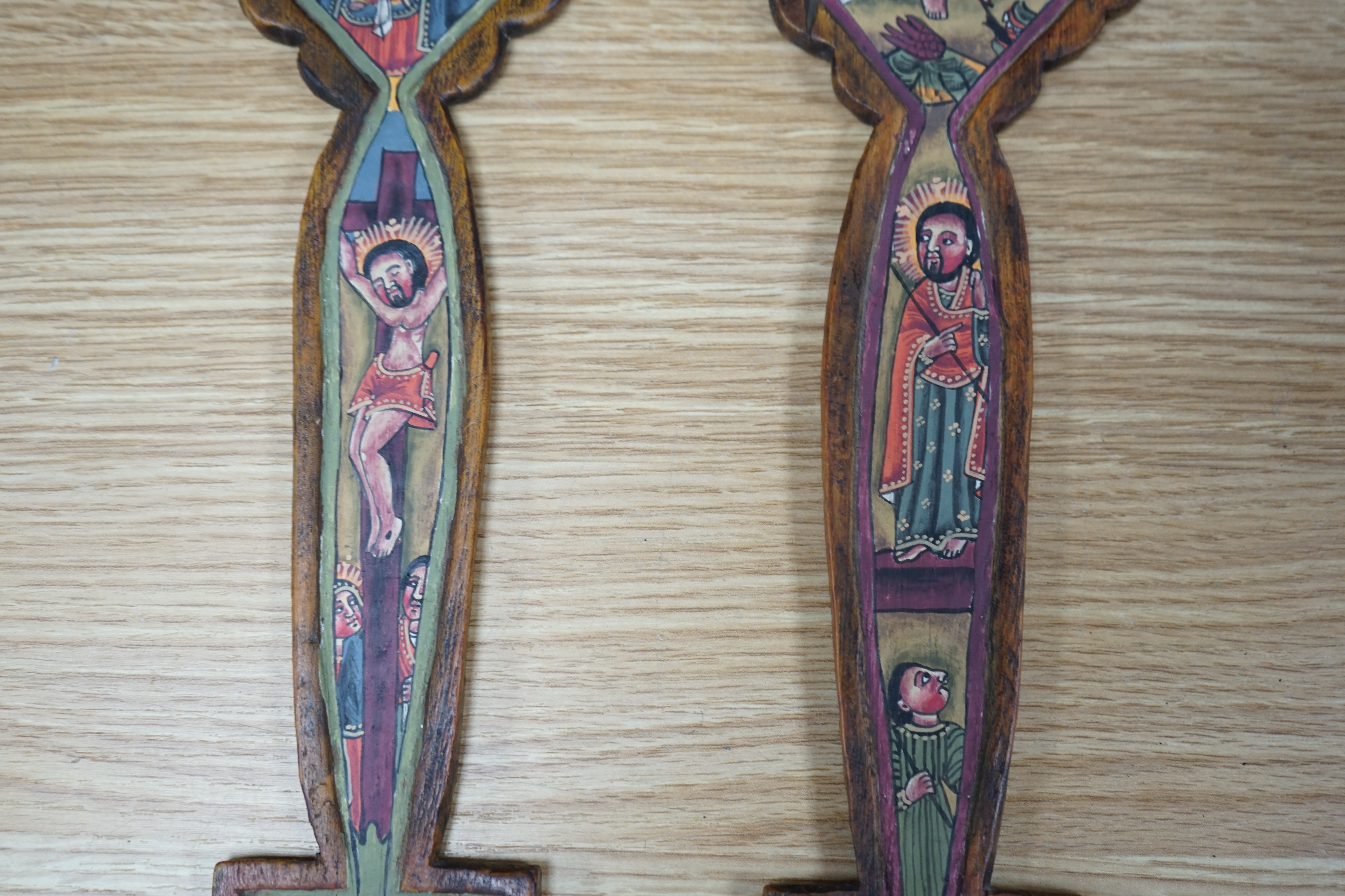 A pair of Coptic Church diptych crosses, Ethiopia, 34cm high. Condition - fair to good